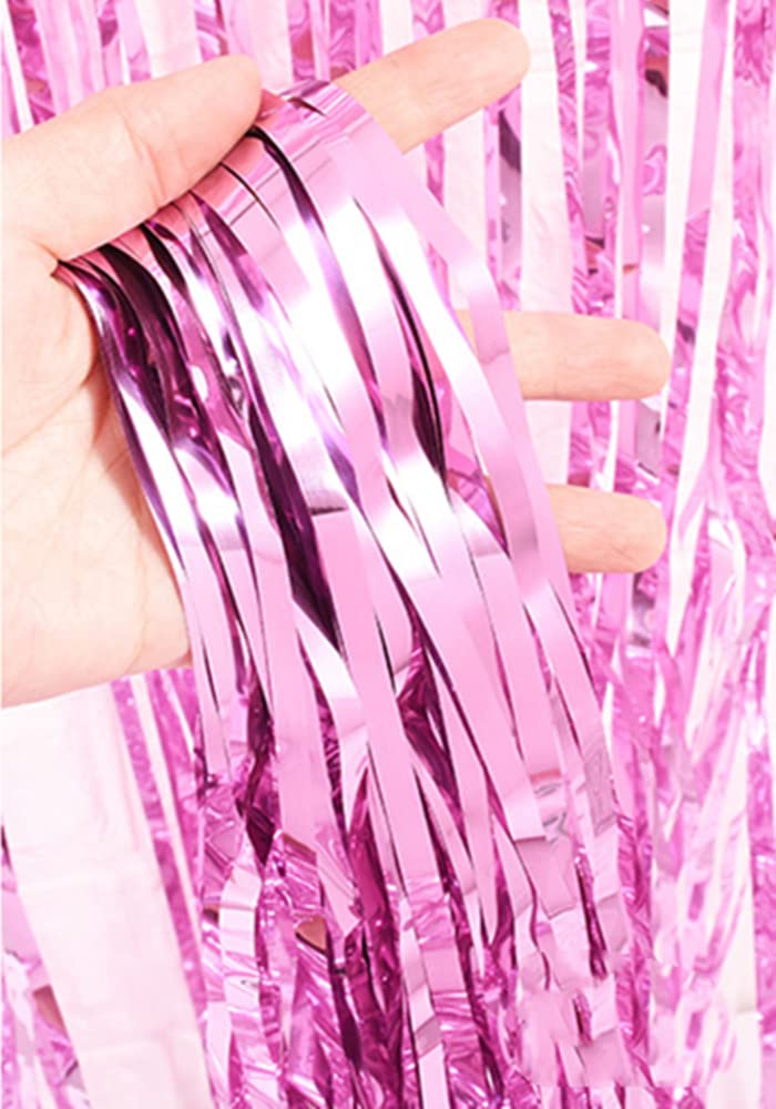 i-CHONY 2 Pcs 3.2ft x 8.2ft Shiny Pink Metallic Tinsel Foil Fringe Curtains Photo Booth Pink Backdrop for Birthday Wedding Bridal Shower Baby Shower Bachelorette Party Decorations - Image 4
